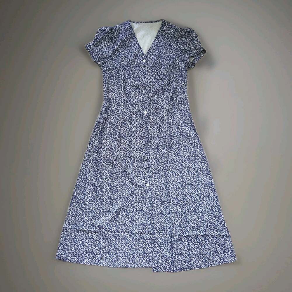 V-neck Midi Dress Short Puff Sleeves Button-front Blue White Floral Prairie